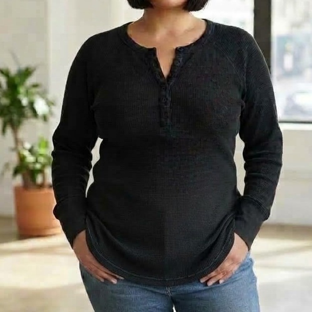 Gap Henley Shirt Womens Small Black Long Sleeve Waffle Knit Thermal Top Casual